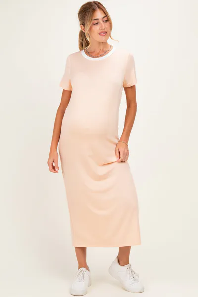 PinkBlush Ivory/ Salmon Striped Short Sleeve Maternity Maxi Dress
