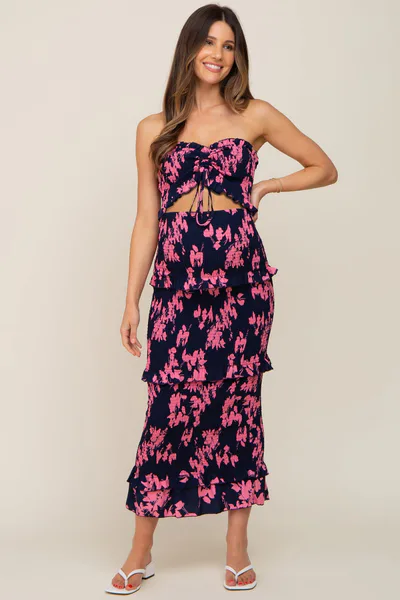PinkBlush Navy Blue Floral Smocked Drawstring Front Cutout Ruffle Trim Maternity Midi Dress