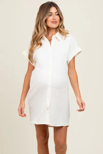 PinkBlush Ivory Textured Short Sleeve Button Down Maternity Shirt Dress