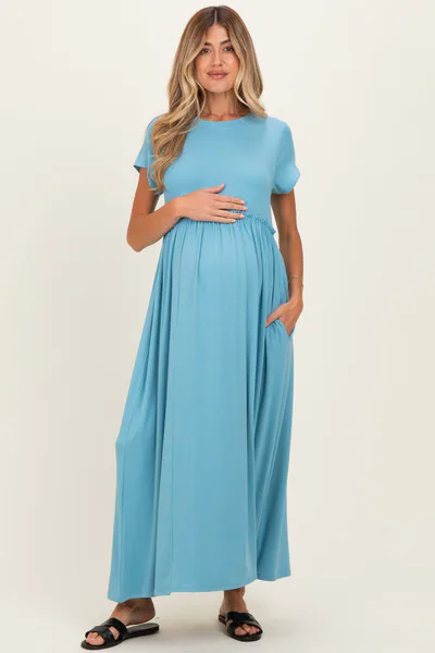 PinkBlush Capri Blue Ruffle Trim Maternity Maxi Dress
