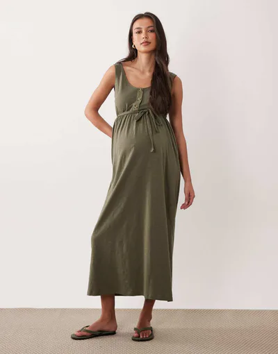 ASOS Mamalicious Maternity 2 function nursing button up maxi sundress in dark khaki