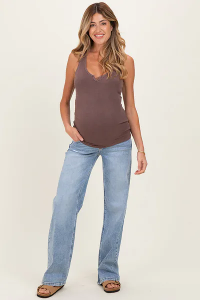 PinkBlush Blue Lightly Distressed Maternity Wide Leg Jeans