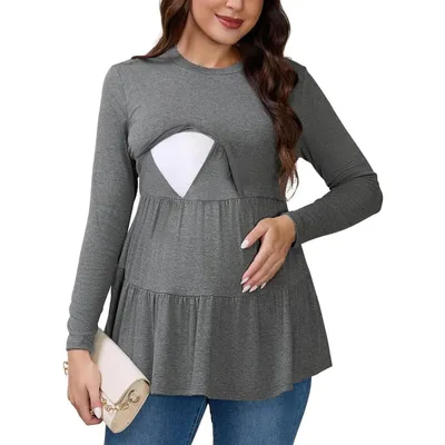 Target INSPIRE CHIC Womens Nursing Shirts Breastfeeding Tiered Pleated Tunic Long Sleeve Stretchy T-Shirt Postpartum Maternity Large Gray