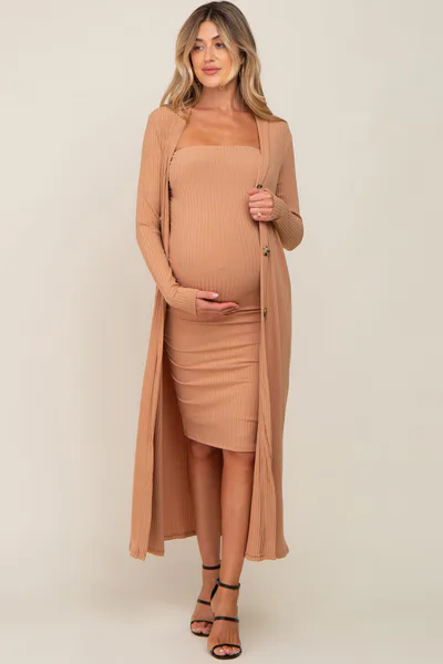 PinkBlush Camel Ribbed Maternity Dress Set