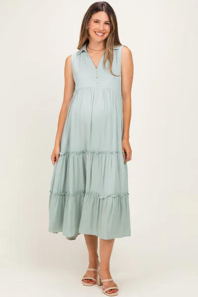 PinkBlush Seafoam Sleeveless Button Up Tiered Maternity Maxi Dress