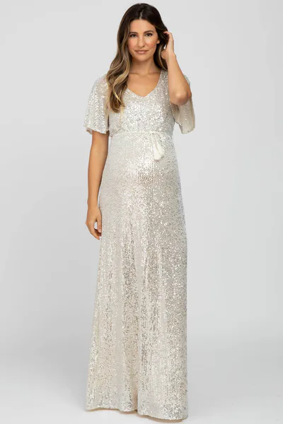 PinkBlush Cream Sequin Short Sleeve Maternity Maxi Dress