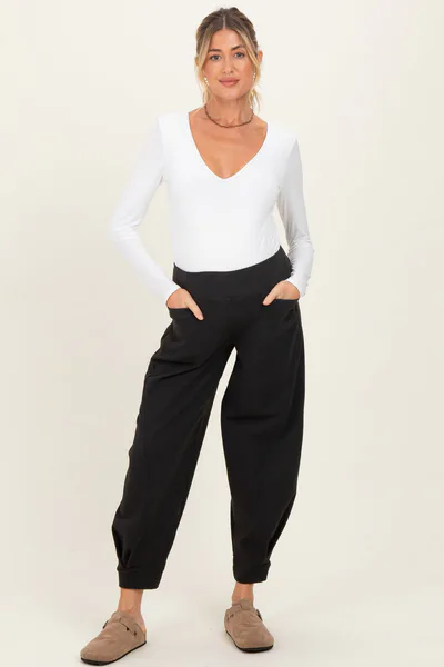 PinkBlush Black Brushed Knit Barrel Leg Maternity Joggers