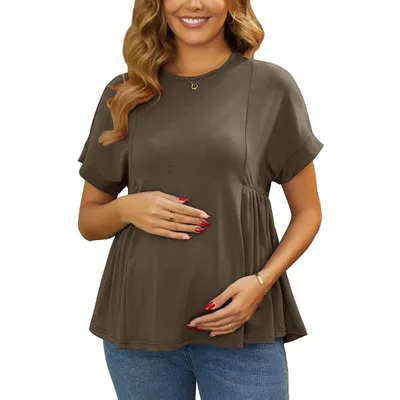 Target INSPIRE CHIC Women's Maternity Babydoll Short Sleeves Pleated Waist Pregnancy Shirt Oversized Peplum Casual Loose Blouse X-Large Coffee