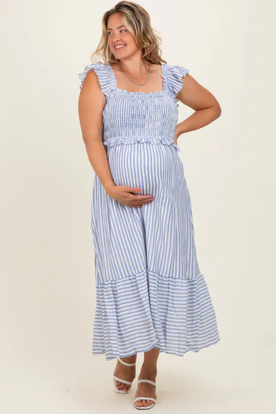 PinkBlush Blue Striped Smocked Maternity Plus Midi Dress