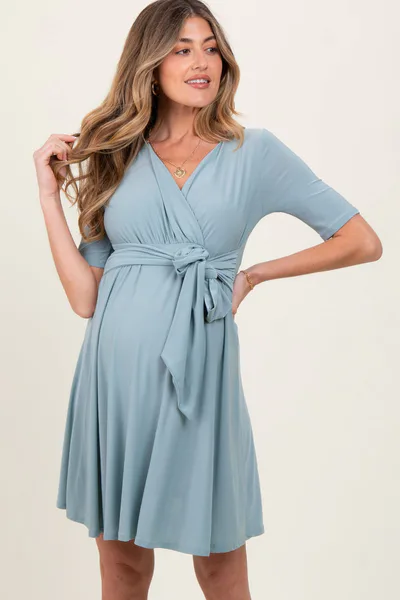 PinkBlush Mint Waist Tie Maternity Nursing Dress