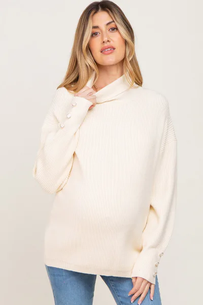 PinkBlush Cream Button Accent Turtleneck Maternity Sweater
