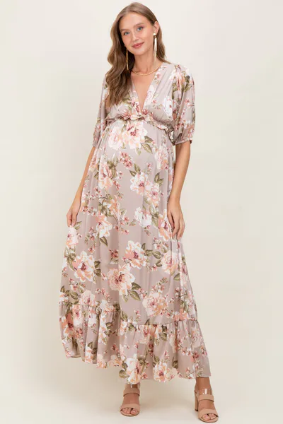 PinkBlush Taupe Floral Print Elbow Sleeve V-Neck Tiered Maternity Maxi Dress