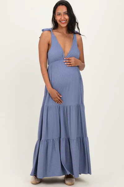 PinkBlush Blue Shoulder Tie Ribbed Tiered Maternity Maxi Dress