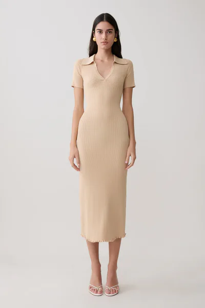 MESHKI Nichelle Short Sleeve Collared Knit Midi Dress - Natural