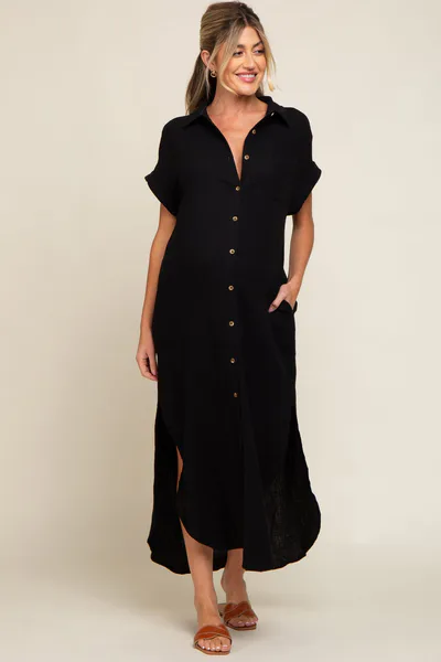 PinkBlush Black Button Down Maternity Midi Dress