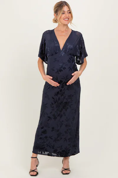PinkBlush Navy Floral Velvet V-Neck Short Sleeve Maternity Maxi Dress