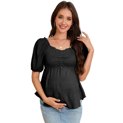 Target Womens Maternity Smocked Puff Short Sleeve Pleated Peplum Boho Blouse Sweetheart Neck Flowy Swing Top Summer Casual Shirt Black XL