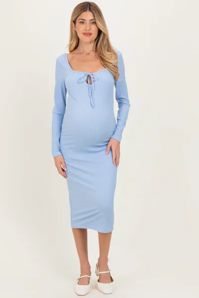 PinkBlush Light Blue Ribbed Long Sleeve Squareneck Fitted Maternity Midi Dress