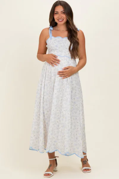 PinkBlush Blue Floral Scallop Hem Shoulder Tie Maternity Midi Dress