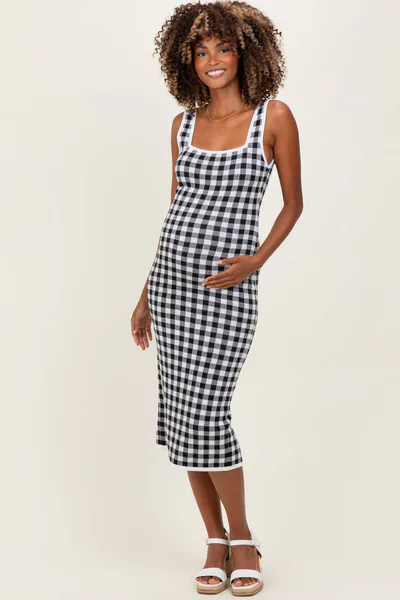 PinkBlush White Gingham Knit Square Neck Sleeveless Maternity Midi Dress