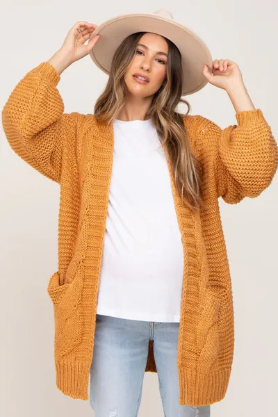 PinkBlush Camel Cable Knit Front Pocket Maternity Cardigan