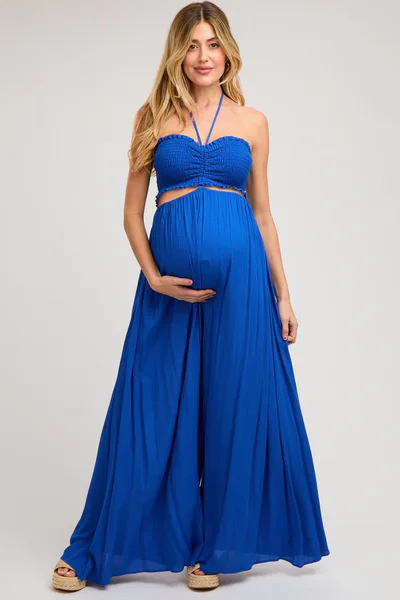 PinkBlush Royal Blue Smocked Drawstring Halter Side Cutout Maternity Jumpsuit