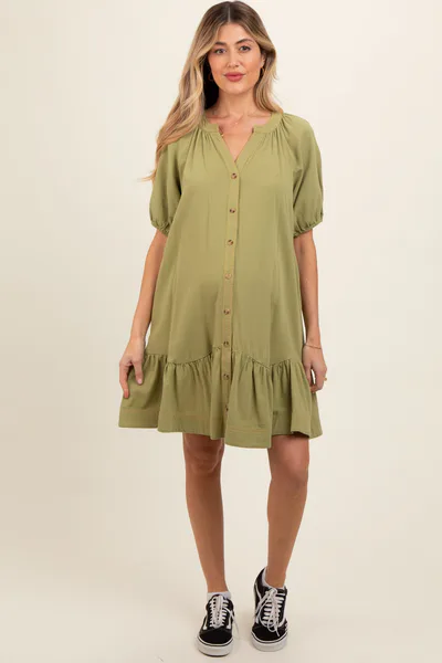 PinkBlush Light Olive Button Front Short Puff Sleeve Maternity Dress