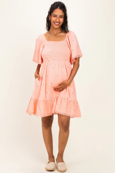 PinkBlush Pink Floral Embroidered Smocked Maternity Dress