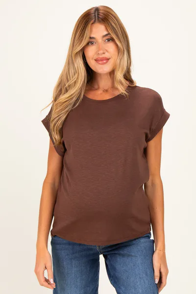 PinkBlush Brown Rolled Short Sleeve Maternity Tee