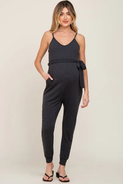 PinkBlush Charcoal Grey Sash Tie Maternity Jumpsuit