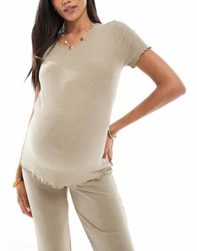 ASOS Mamalicious maternity lettuce edge jersey tee and pants set in beige