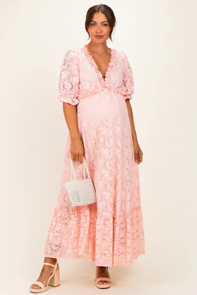 PinkBlush Light Pink Floral Lace V-Neck Maternity Maxi Dress