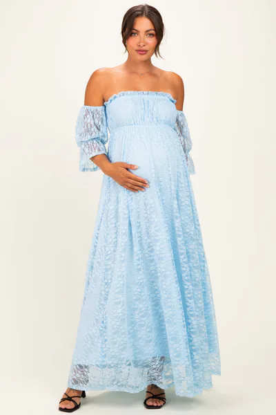 PinkBlush Light Blue Lace Off Shoulder Maternity Maxi Dress