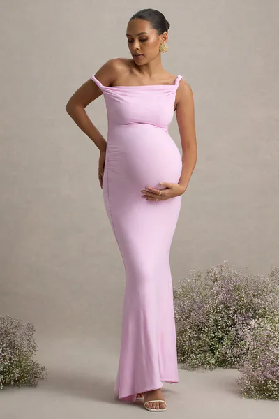 Club L London Lita | Pink Twisted Asymmetric Maternity Maxi Dress