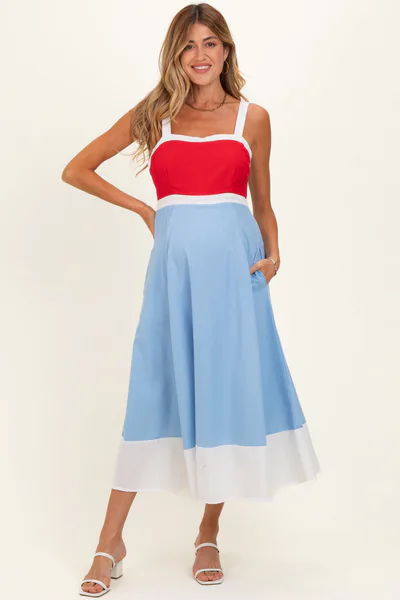 PinkBlush Red Blue Colorblock Sleeveless Maternity Midi Dress