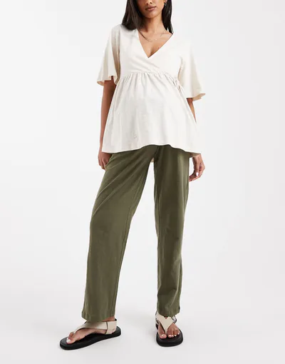 ASOS Mamalicious Maternity under the bump lightweight wide leg summer pants in dark khaki green