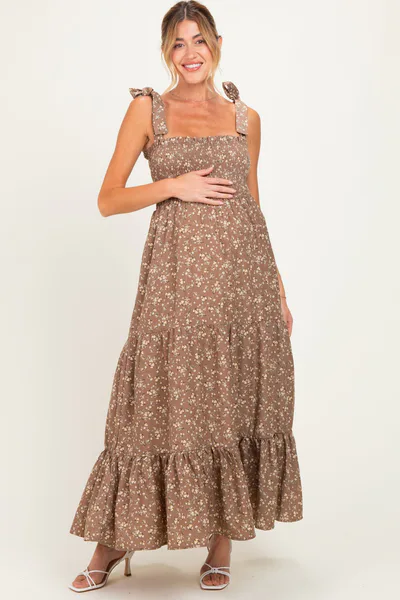 PinkBlush Mocha Floral Shoulder Tie Maternity Maxi Dress