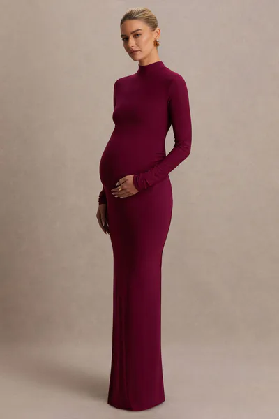 Club L London Alejandra | Burgundy Maternity Long Sleeve High Neck Maxi Dress
