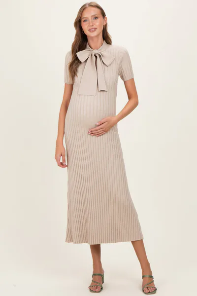 PinkBlush Oatmeal Ribbed Knit Tie Neck Maternity Midi Dress