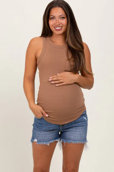 PinkBlush Blue Fringe Hem Side Slit Maternity Denim Shorts