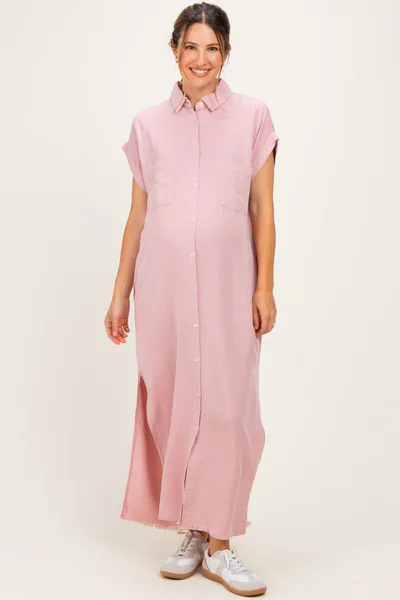 PinkBlush Pink Chambray Maternity Maxi Shirt Dress