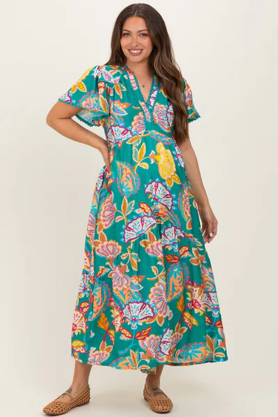 PinkBlush Emerald Boho Print Lace Trim Tiered Maternity Midi Dress