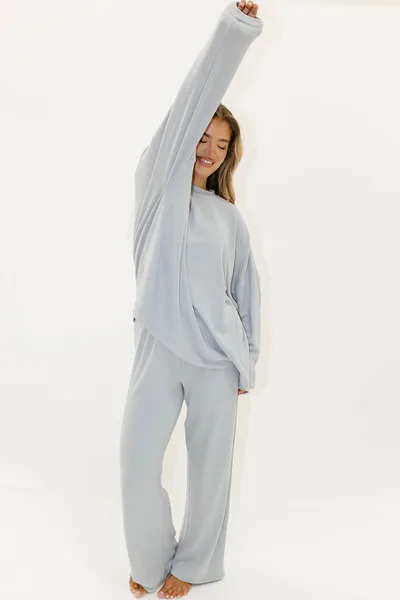 Worth Collective Naomi Fleece Oversized Long Sleeve Top in Dusty Blue - Bump Friendly