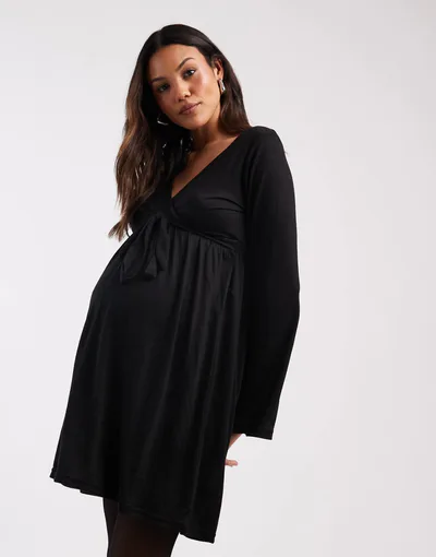 ASOS Mamalicious Maternity soft jersey nursing friendly wrap detail dress in black