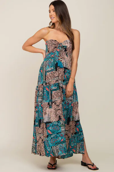 PinkBlush Teal Printed Halter Tassel Front Tie Maternity Maxi Dress