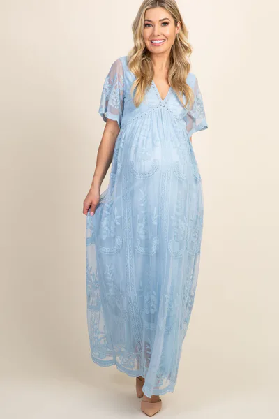 PinkBlush PinkBlush Light Blue Lace Mesh Overlay Maternity Maxi Dress