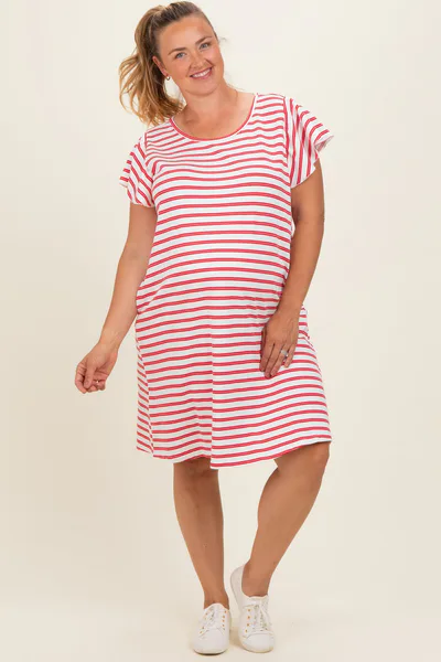 PinkBlush Red Striped Flutter Sleeve Maternity Plus T-Shirt Dress