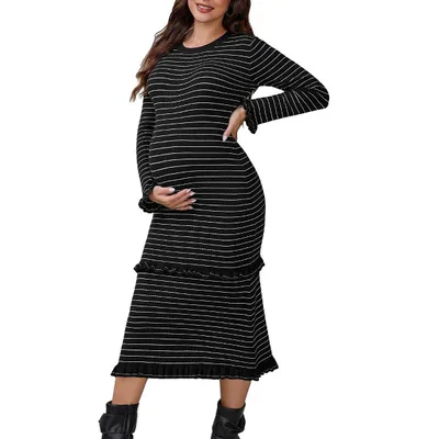 Target INSPIRE CHIC Women's Maternity Sweater Dress Stripped Ruffle Winter Warm Stretchy Knit Long Sleeve Maxi Dresses X-Large Black