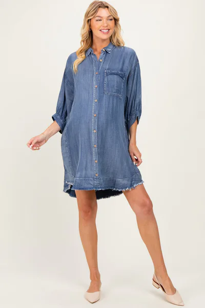 PinkBlush Dark Denim Chambray Dolman Sleeve Maternity Shirt Dress
