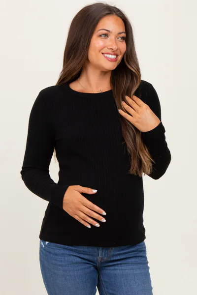 PinkBlush Black Ribbed Knit Maternity Long Sleeve Top